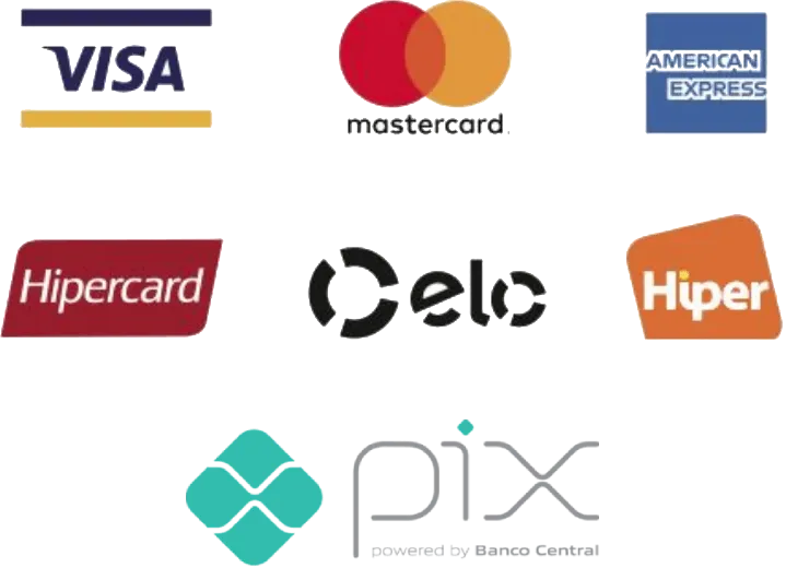 Bandeiras de pagamento aceitas: Visa, Mastercard, American Express, Hipercard, Elo, Hiper e Pix